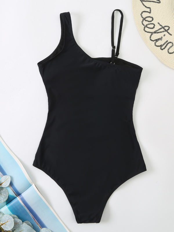 Splicing gauze one-piece swimsuit with oblique shoulder
