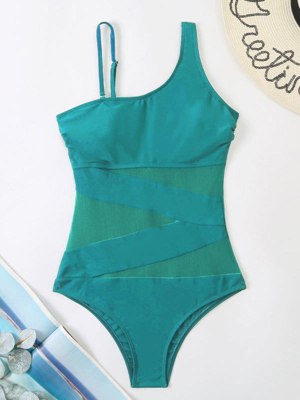Splicing gauze one-piece swimsuit with oblique shoulder