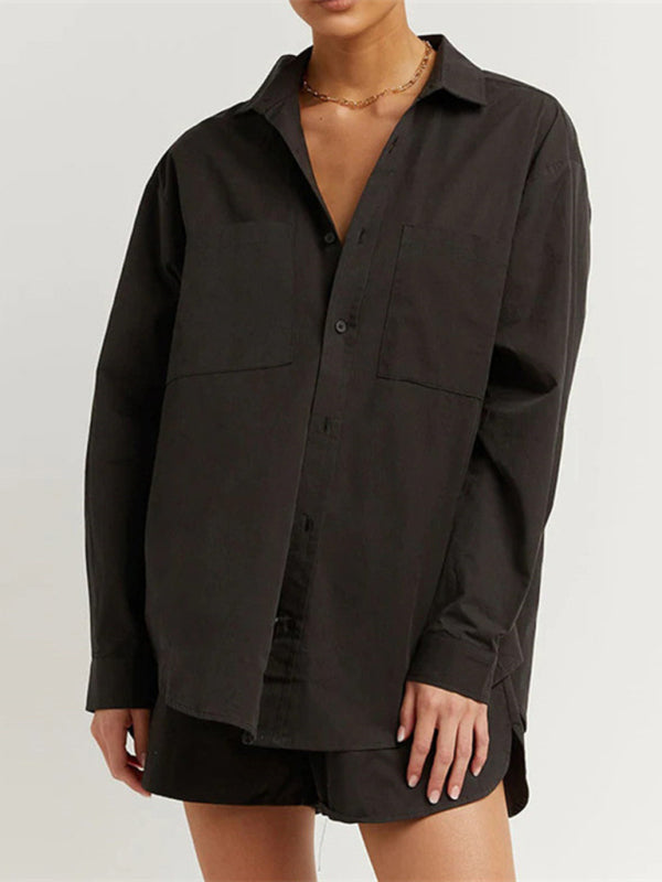 Women's striped single-breasted long-sleeved lapel shirt + camisole + shorts three-piece suit