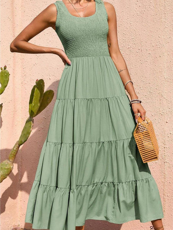 Women's Solid Color Pleated Panel Sleeveless Swing Dress