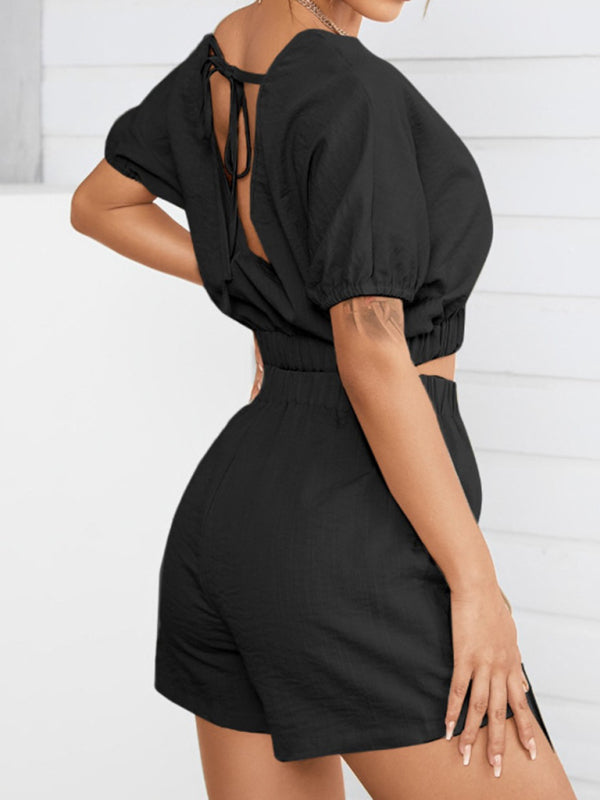 Women's Casual Backless Design Knotted Top Shorts Two-Piece Set