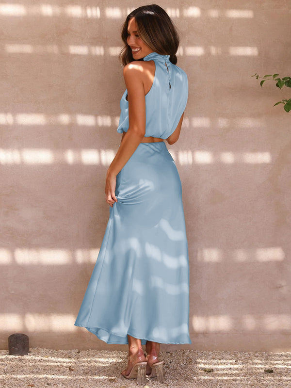 Cracker Khaki Elegant Neck Drape Top with Matching Skirt Set
