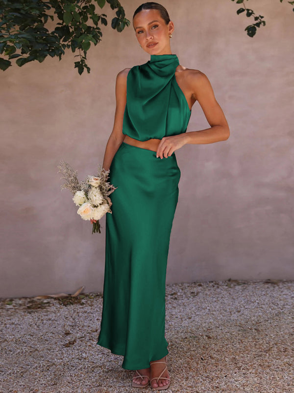 Cracker Khaki Elegant Neck Drape Top with Matching Skirt Set