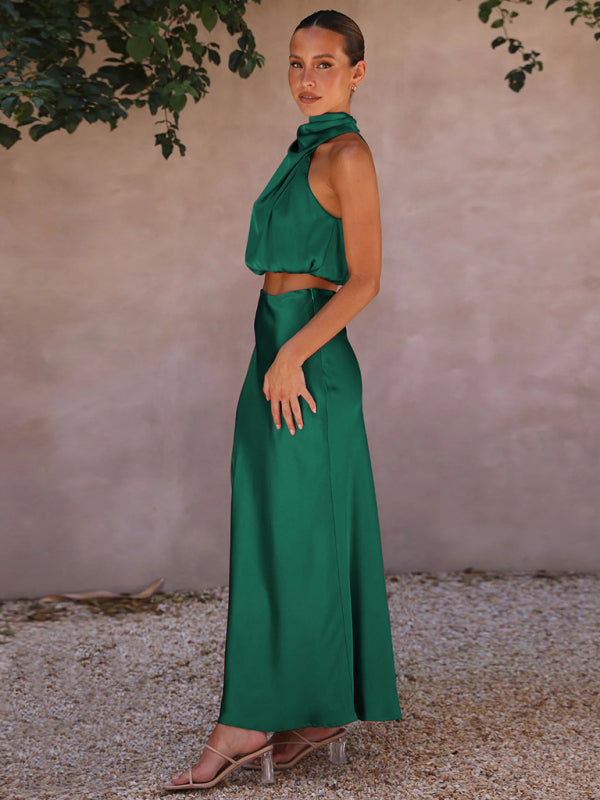 Cracker Khaki Elegant Neck Drape Top with Matching Skirt Set