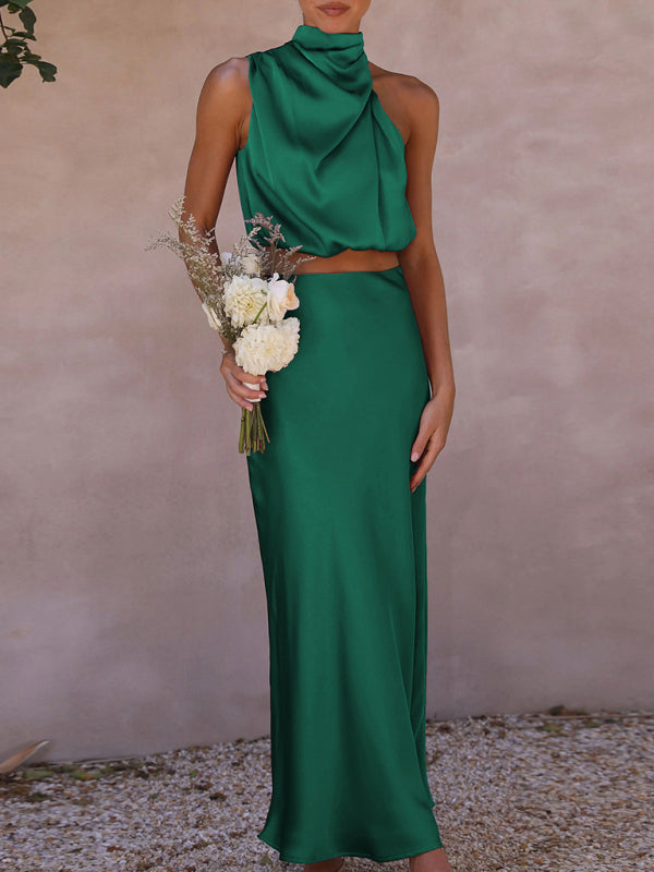 Cracker Khaki Elegant Neck Drape Top with Matching Skirt Set