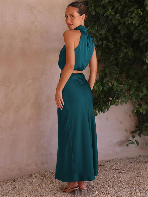 Cracker Khaki Elegant Neck Drape Top with Matching Skirt Set