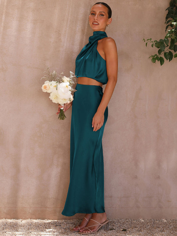 Cracker Khaki Elegant Neck Drape Top with Matching Skirt Set