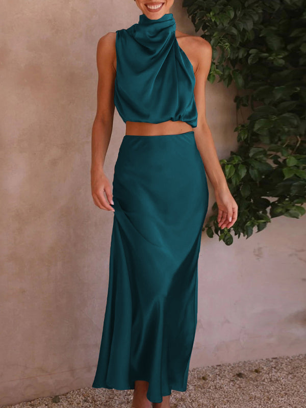 Cracker Khaki Elegant Neck Drape Top with Matching Skirt Set