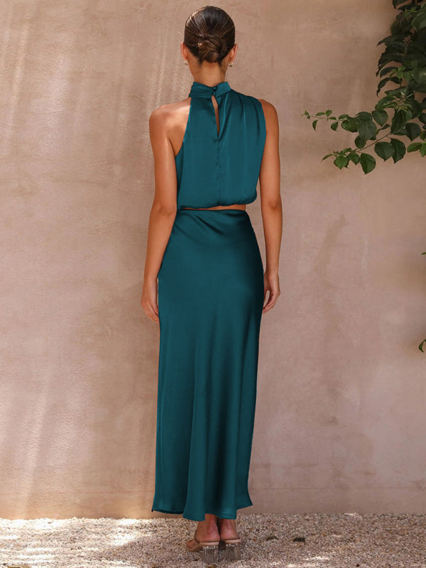 Cracker Khaki Elegant Neck Drape Top with Matching Skirt Set
