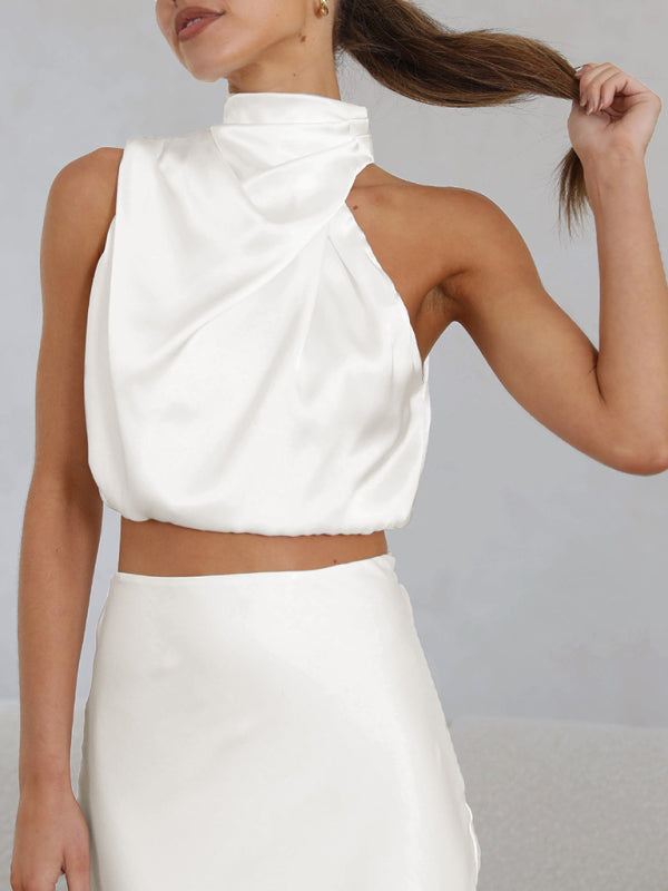 Cracker Khaki Elegant Neck Drape Top with Matching Skirt Set