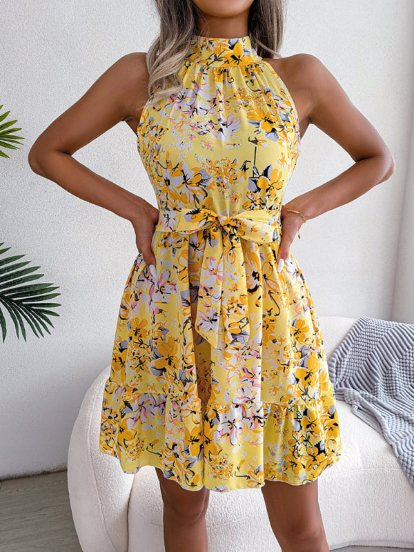 Women's Elegant Lace-Up Ruffled Floral Dress