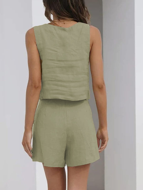 Women's Solid Color Casual Cotton Linen Sleeveless Square Neck Top + Shorts Two-Piece Set