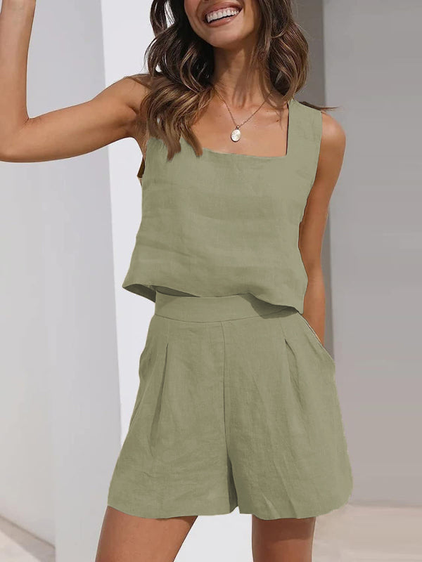 Women's Solid Color Casual Cotton Linen Sleeveless Square Neck Top + Shorts Two-Piece Set