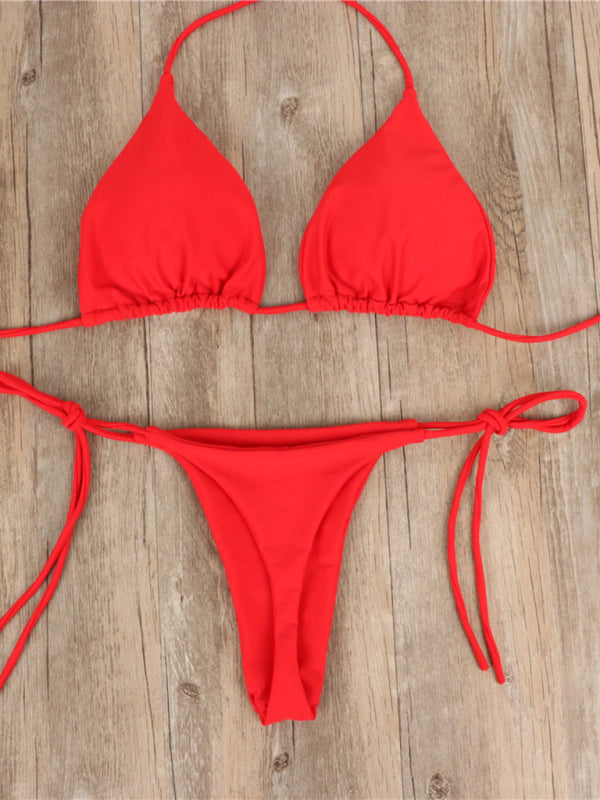 Bikini pure color strap three-point sexy new swimsuit