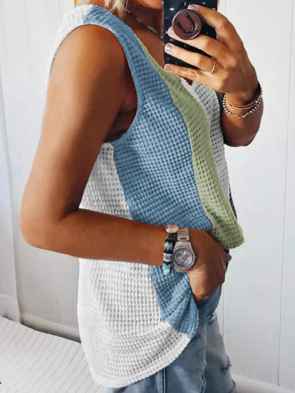 Women's Knit V-Neck Waffle Contrast Tank Top