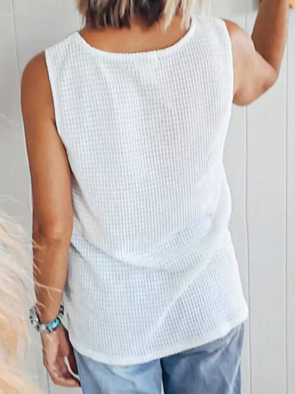 Women's Knit V-Neck Waffle Contrast Tank Top