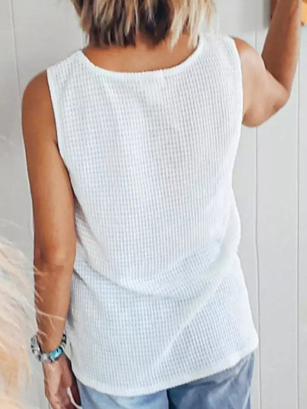 Women's Knit V-Neck Waffle Contrast Tank Top