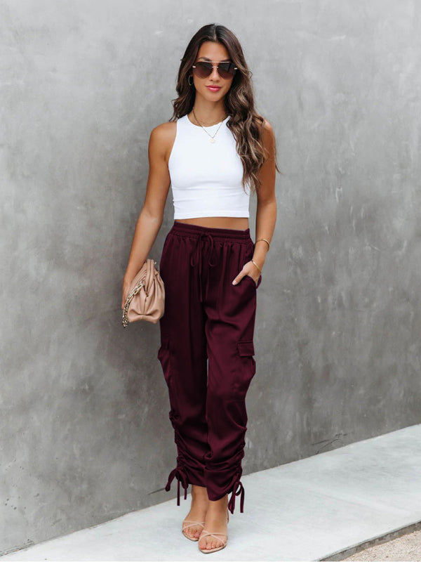 Women's Casual Fashion Bandage Elastic Waist Pocket Trousers