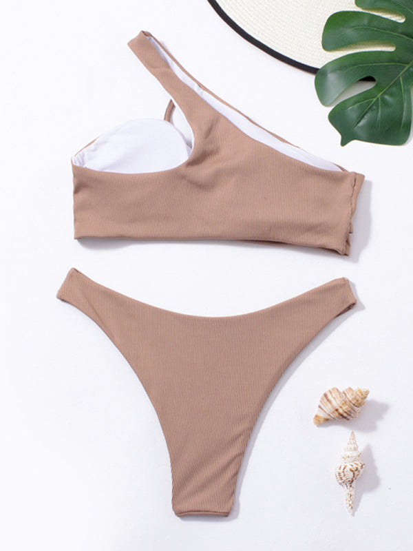Women's split bikini solid color one shoulder sexy swimsuit