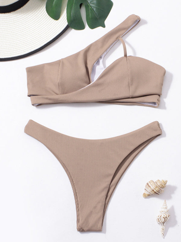 Women's split bikini solid color one shoulder sexy swimsuit