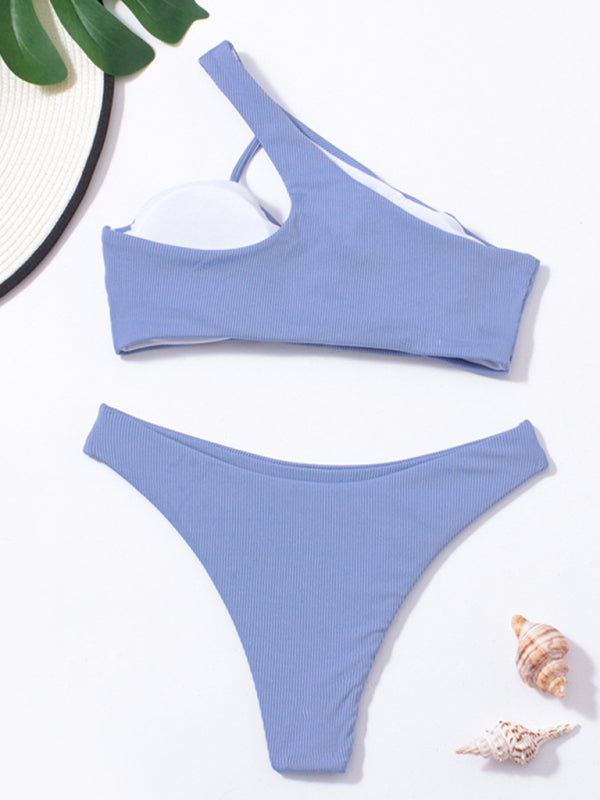 Women's split bikini solid color one shoulder sexy swimsuit