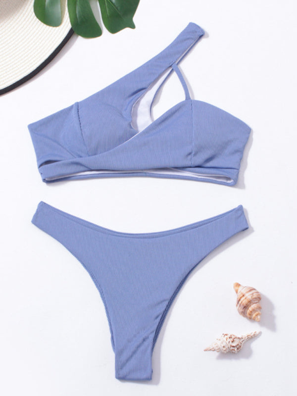 Women's split bikini solid color one shoulder sexy swimsuit