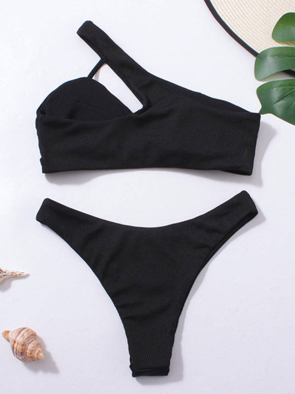Women's split bikini solid color one shoulder sexy swimsuit
