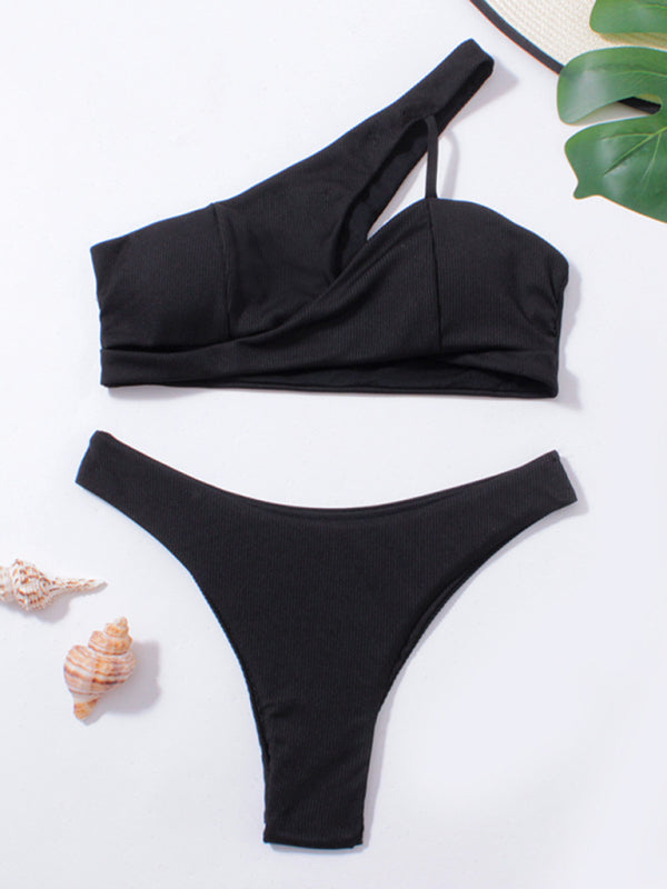 Women's split bikini solid color one shoulder sexy swimsuit
