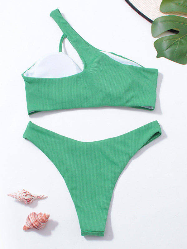 Women's split bikini solid color one shoulder sexy swimsuit