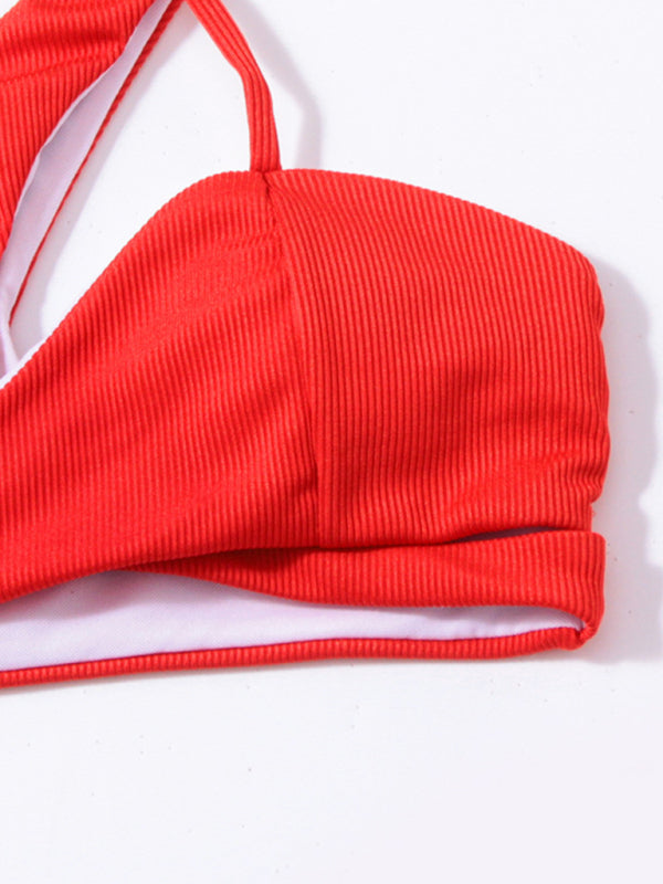 Women's split bikini solid color one shoulder sexy swimsuit