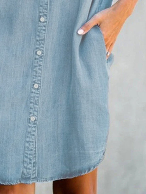 Casual Short-sleeve blue slim-fit denim midi dress