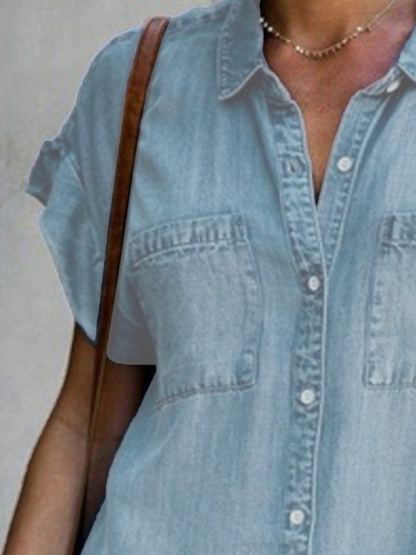 Casual Short-sleeve blue slim-fit denim midi dress