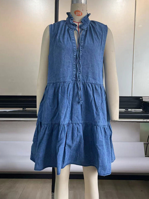Women's loose V-neck A-line strappy sleeveless denim dress