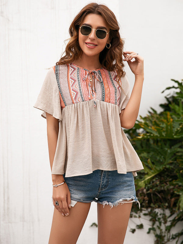 Bohemian Neck Cutout Tether Short Sleeve Top