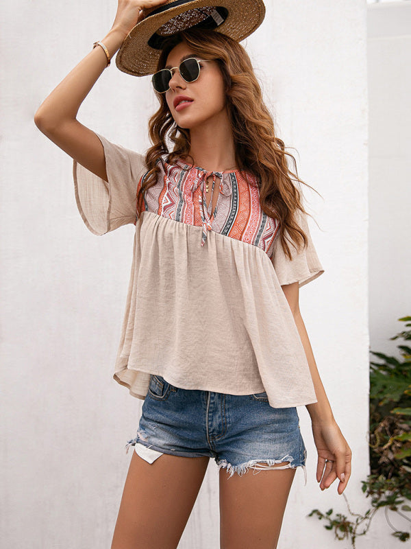 Bohemian Neck Cutout Tether Short Sleeve Top