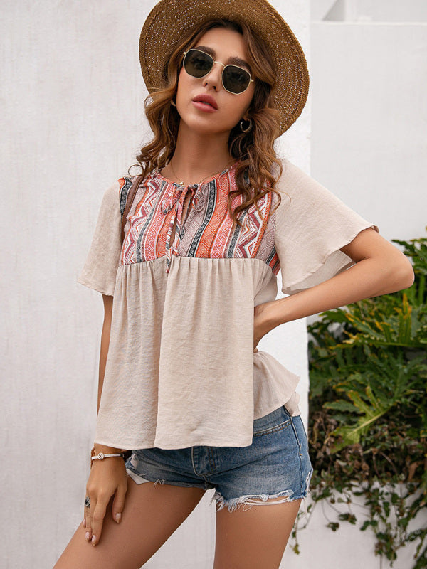 Bohemian Neck Cutout Tether Short Sleeve Top