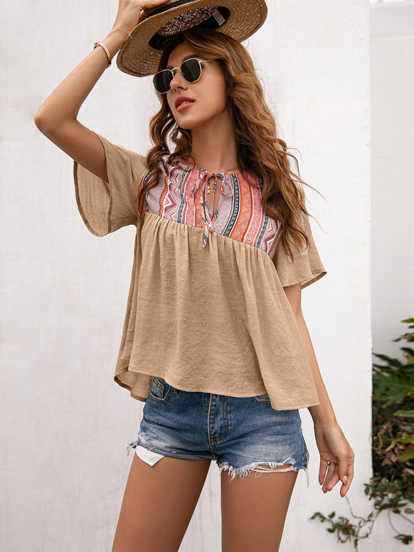 Bohemian Neck Cutout Tether Short Sleeve Top
