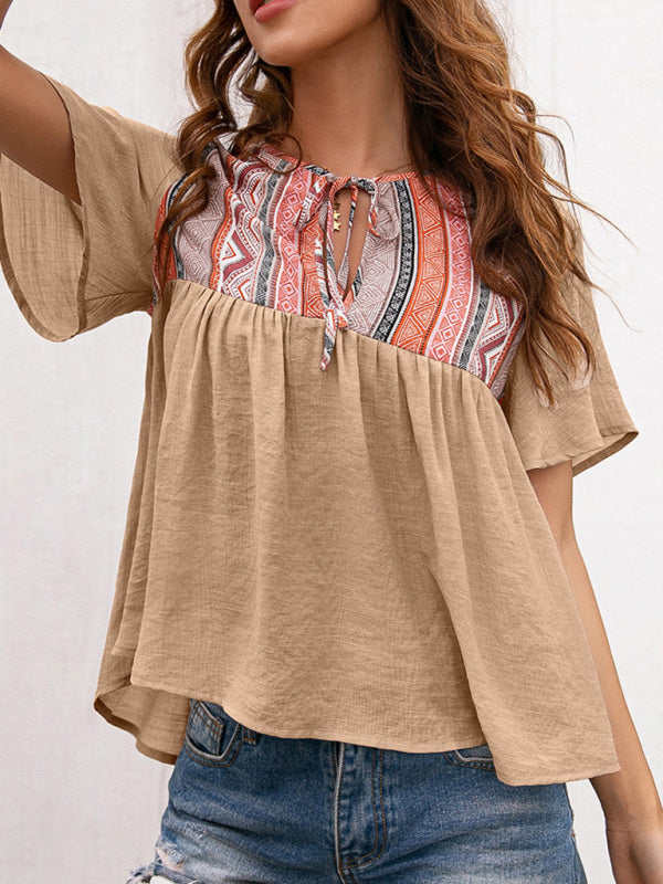 Bohemian Neck Cutout Tether Short Sleeve Top