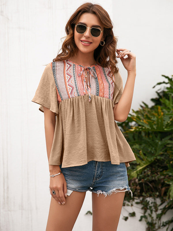 Bohemian Neck Cutout Tether Short Sleeve Top