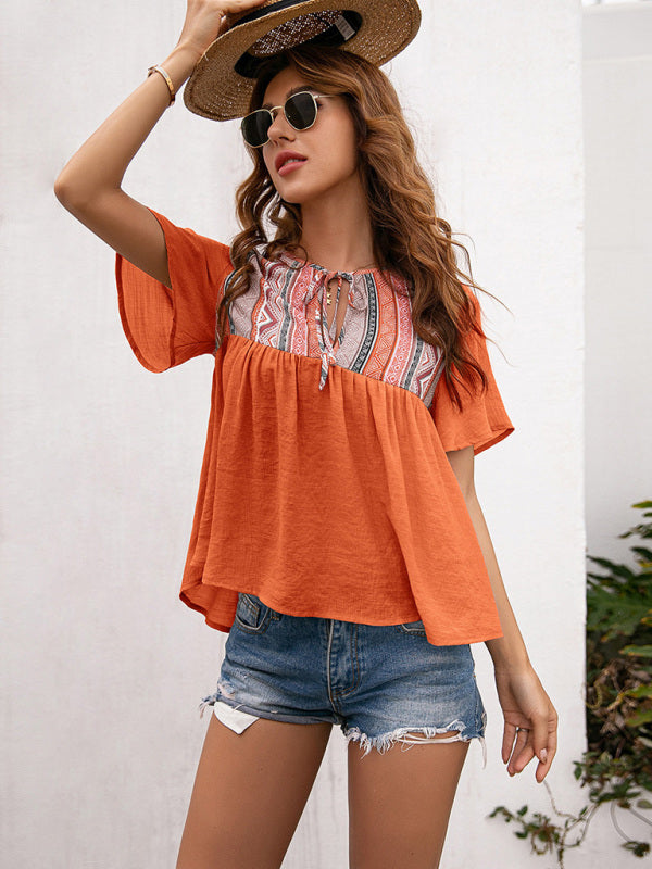 Bohemian Neck Cutout Tether Short Sleeve Top