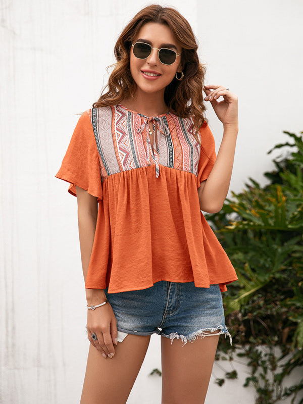 Bohemian Neck Cutout Tether Short Sleeve Top
