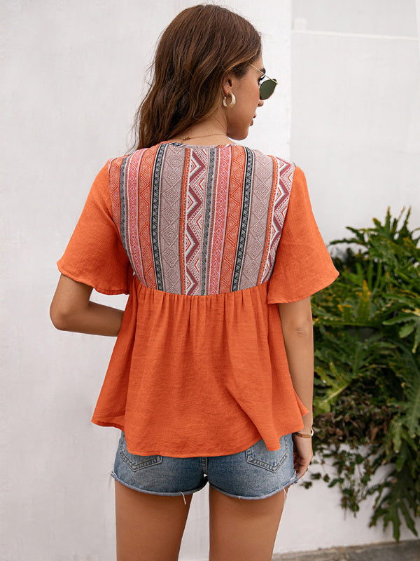 Bohemian Neck Cutout Tether Short Sleeve Top