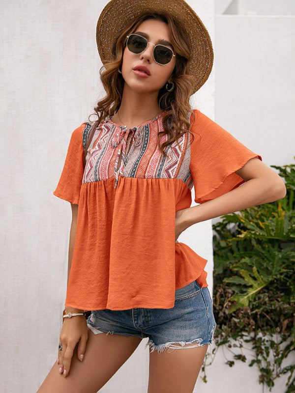 Bohemian Neck Cutout Tether Short Sleeve Top