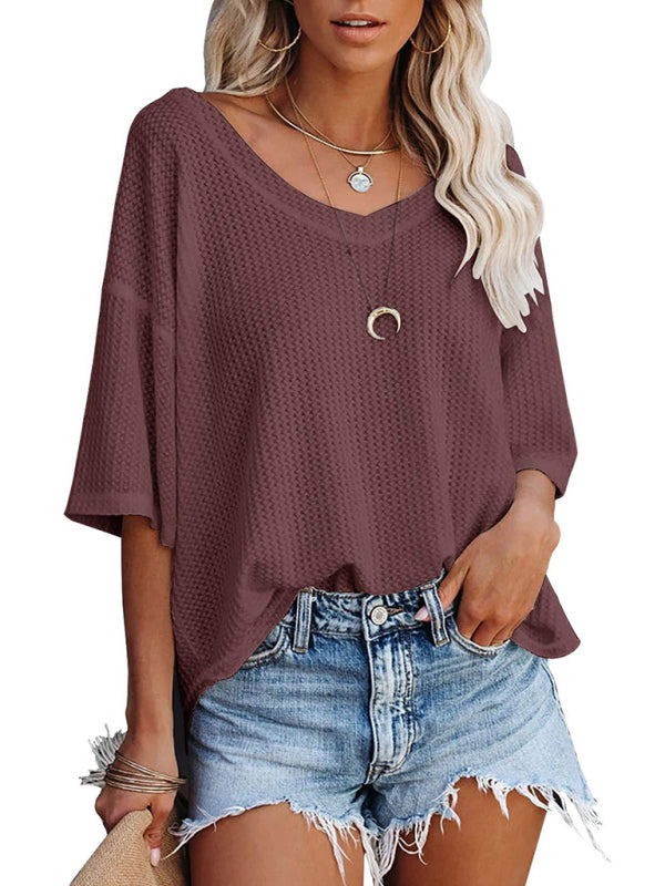 New V Neck Dolman Sleeve Waffle Knit Top