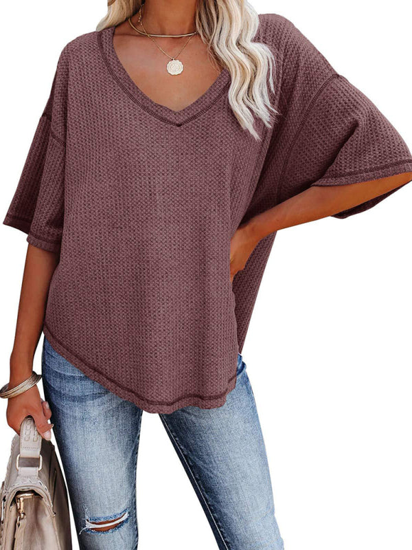 New V Neck Dolman Sleeve Waffle Knit Top