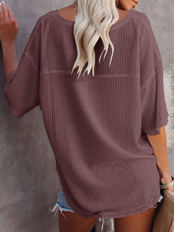 New V Neck Dolman Sleeve Waffle Knit Top