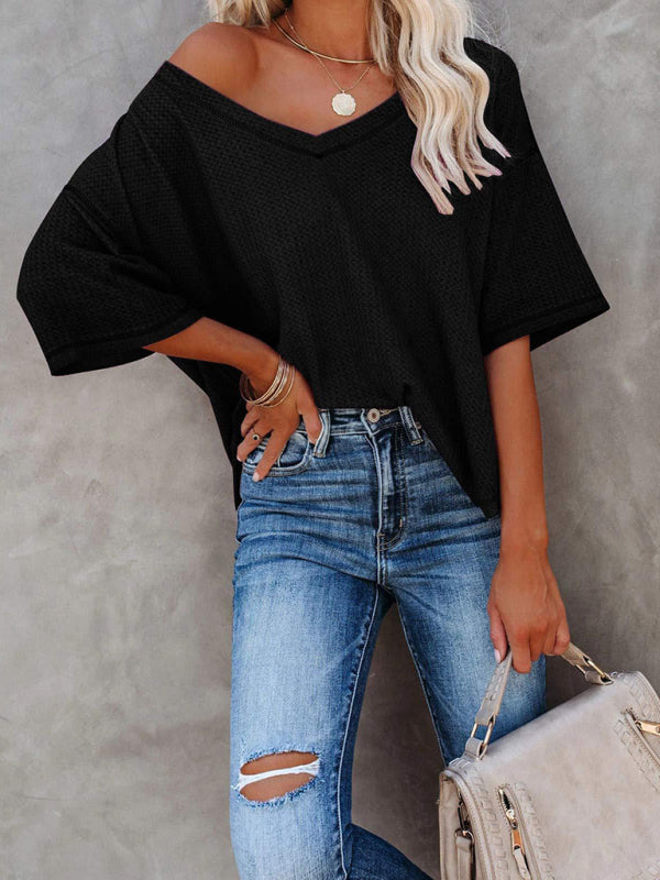 New V Neck Dolman Sleeve Waffle Knit Top