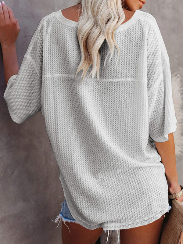 New V Neck Dolman Sleeve Waffle Knit Top