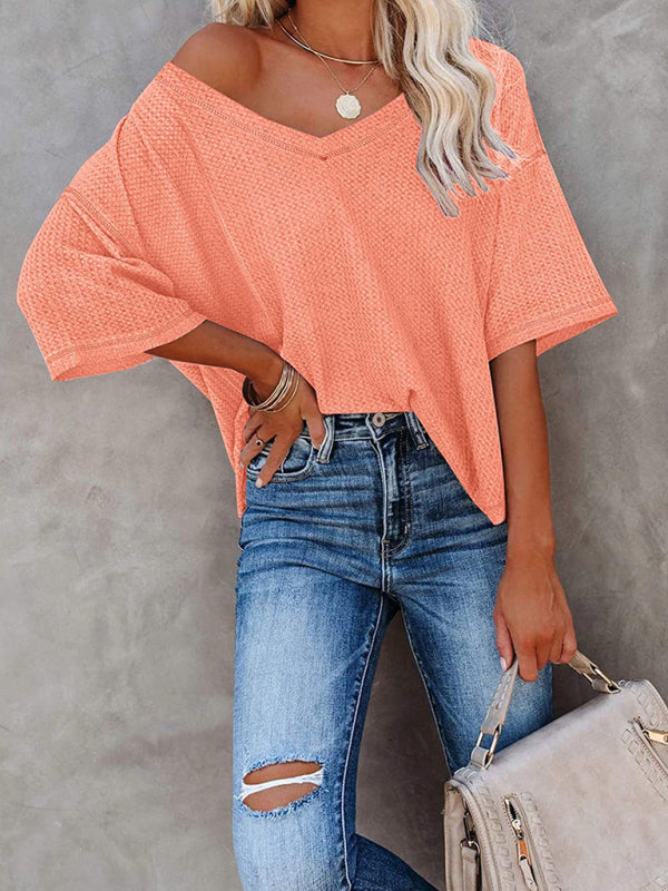 New V Neck Dolman Sleeve Waffle Knit Top