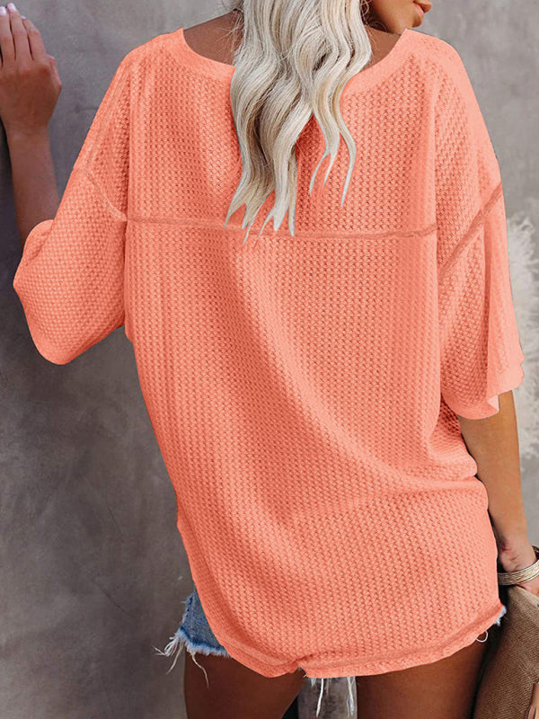 New V Neck Dolman Sleeve Waffle Knit Top